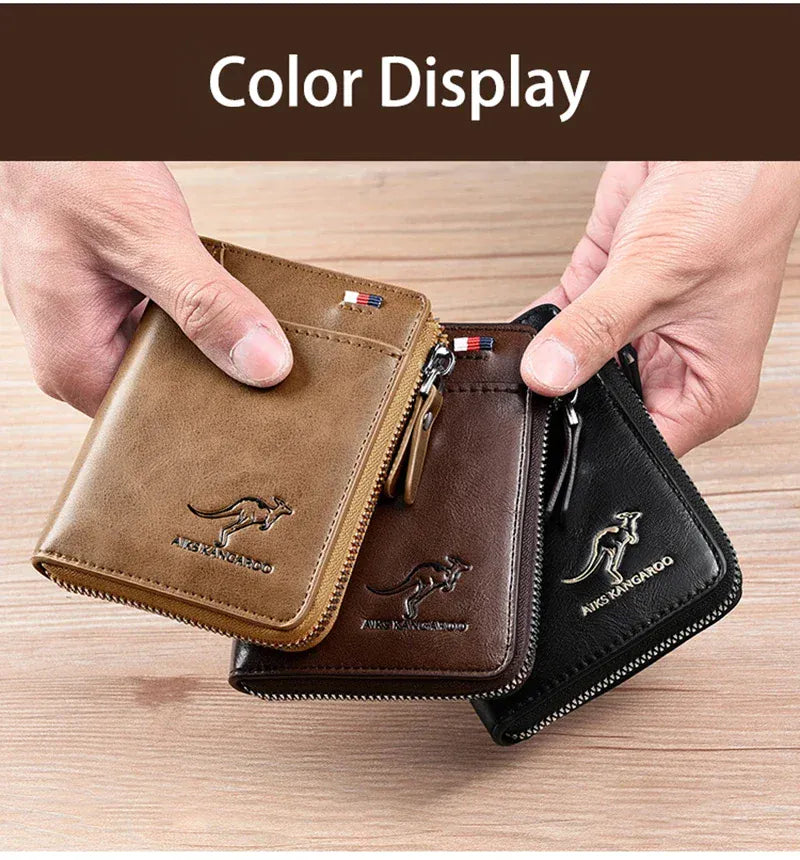 Mens RFID Protected Leather Wallet - Luxury Zippered Card Holder Purse for Business Cards with Elegant Carteira Masculina Style