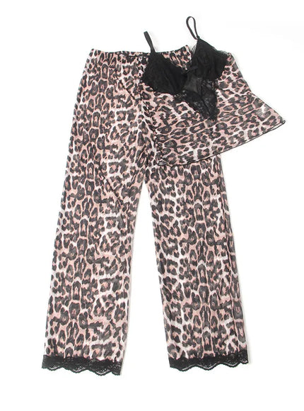 Sexy Satin Pajama Set Leopard Print Spaghetti Strap Top With Lace Trim And Elastic Pant Soft Sleepwear Nightwear from M-5XL