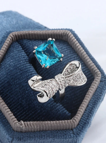 Sweet Wind Girl Sense Water Drop Bow Ring Light Luxury Design Opening Adjustable Blue Sugar Diamond S925 Couples for Women