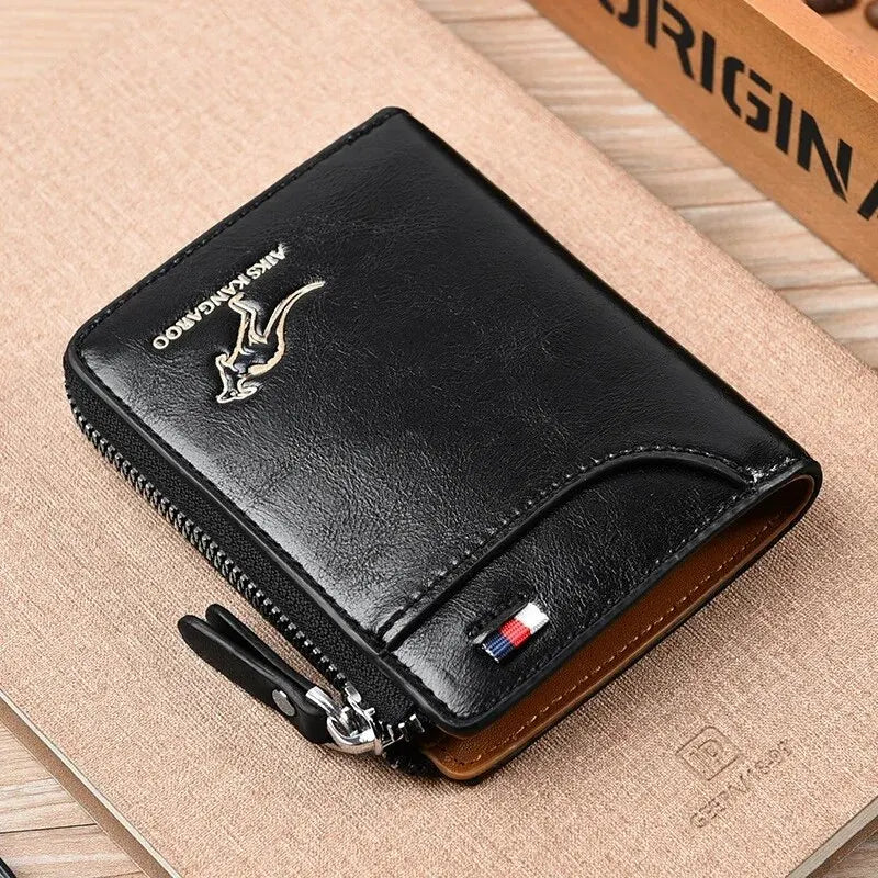 Mens RFID Protected Leather Wallet - Luxury Zippered Card Holder Purse for Business Cards with Elegant Carteira Masculina Style