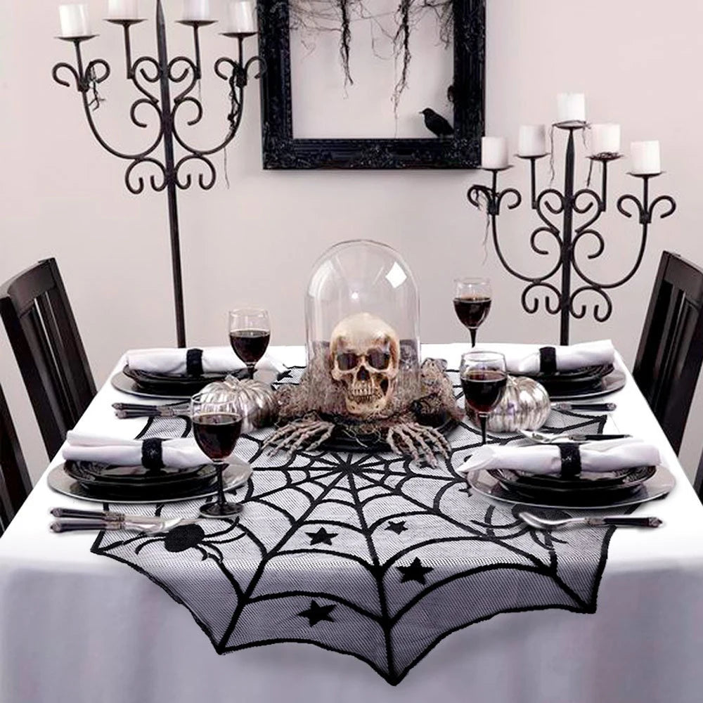 Halloween Table Runner Tablecloth Spider Web Halloween Black Fireplace Mantel Cover for Home Party Halloween Decoration