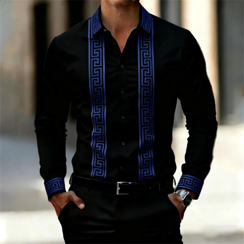 Men's Retro Geometric Print Shirt, Stylish Long-Sleeve Black Shirt, Business Casual Men's Top, Multiple Colors Available, XS-6XL