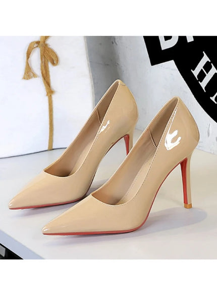 Fashionable Simple Slim Heels High Heels Glossy Patent