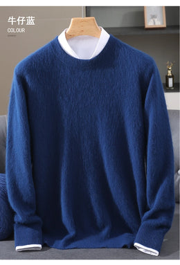 Autumn Winter New Men's Sweater Round Neck Loose Pullover Knitted Sweater Casual Solid Color Thickened 100% Mink Cashmeresweater