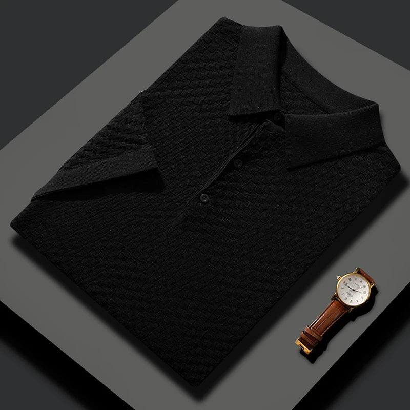 Business High-End Quality Men's Silk Pullover Short Sleeved POLO Neck Solid Color Breathable T-Shirt Knit Bottom Top 2023 Summer