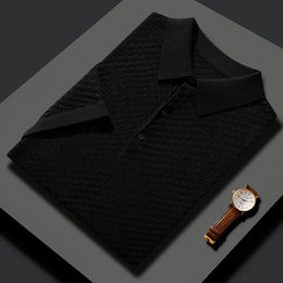 Business High-End Quality Men's Silk Pullover Short Sleeved POLO Neck Solid Color Breathable T-Shirt Knit Bottom Top 2023 Summer
