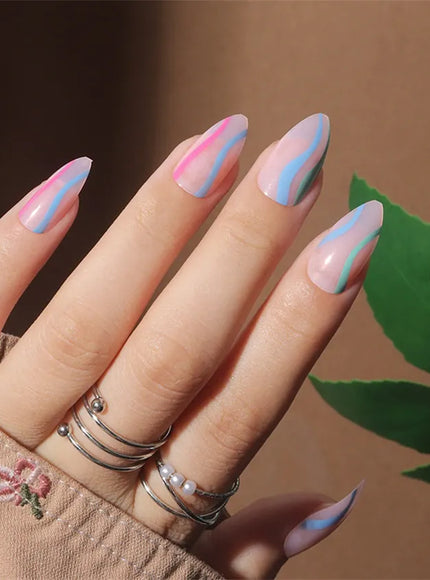 KissIcon Flower Almond False Nails Blue White -