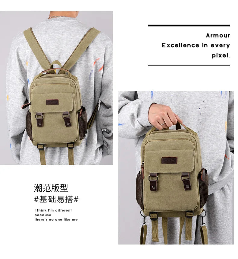 Small Mens Backpack Canvas Casual Backpacks for Men 2025 Mini Male School Bag Rucksack Man Multi-function Crossbody Bag Travel
