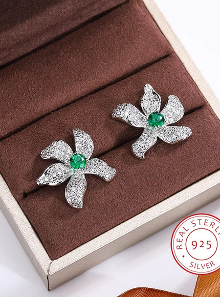 KissIcon Beautiful 925 Silver Earrings - Green Zircon Flower
