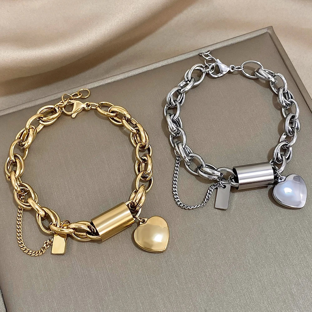 Heart Lock Stainless Steel Charm Bracelet Chunky Gold Plated Chain Love Bracelets for Women Valentine Gift