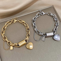 Heart Lock Stainless Steel Charm Bracelet Chunky Gold Plated Chain Love Bracelets for Women Valentine Gift