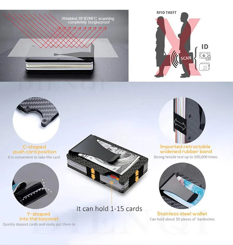 Minimalist  Wallet for Men, Money Clip Cash Strap Wallet, RFID Blocking Metal Wallet Aluminum Card Holder(Carbon Fiber)