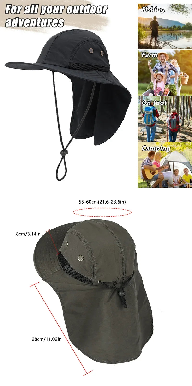 Unisex Sun Hiking Bucket Hat Wide Brim Safari Hats UV Sun Protection Cap with Neck Flap Fishing Adventuring Gardening Beach Caps