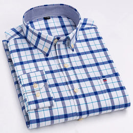 Men's 100% Cotton Smart Casual Shirt Long Sleeve Plaid Oxford Casual Solid Color Print Regular Fit Dress Shirt Oversized  6XL