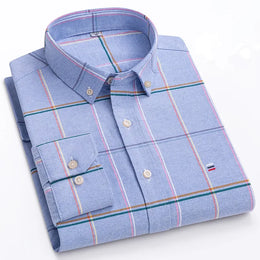 Men's 100% Cotton Smart Casual Shirt Long Sleeve Plaid Oxford Casual Solid Color Print Regular Fit Dress Shirt Oversized  6XL
