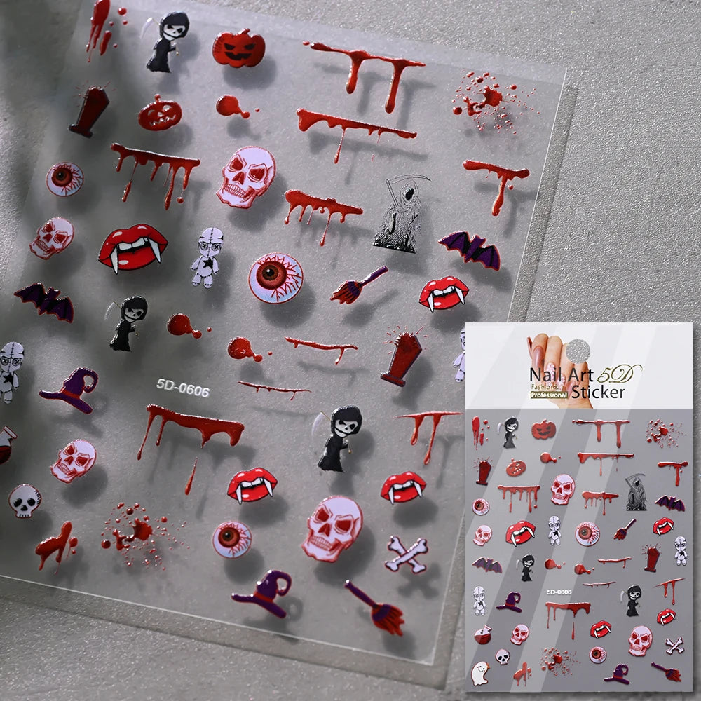5D Skeleton Bat Halloween Nail Art Stickers y2k Black Bat White Skull Adhesive Emobossed Nail Decorative Decals Halloween Slider