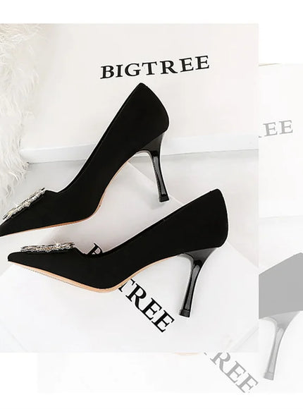 Fashion Women High Heels Metal Rhinestone Buckle Square