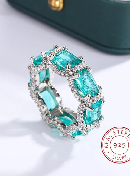 High-end Jewelry Heavy Industry Inlaid Aquamarine Topaz Ring Ladies 925 Silver Paraiba Ring Party Birthday Gift Wedding Ring