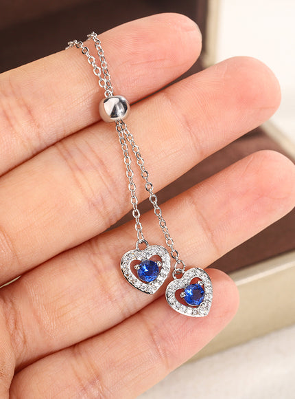 Classic Double Heart Blue Zircon Pendant Necklace - Sparkle