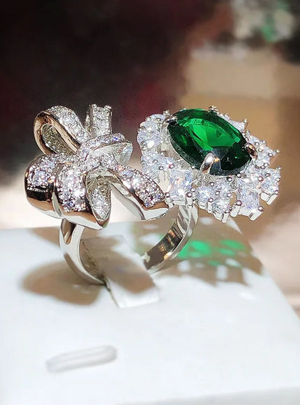 KissIcon New Green Zircon Bow Ring For Ladies - Adjustable