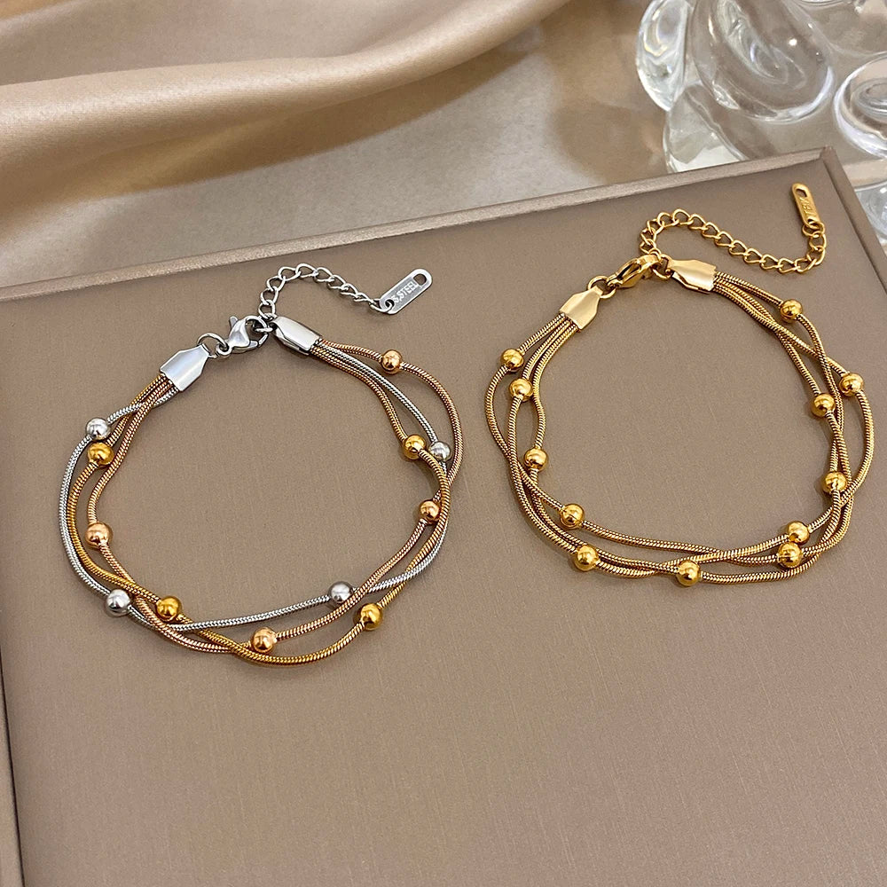 Stylish Gold Silver Color Stainless Steel Adjustable Bracelet for Women Elegant Multilayer Wrap Beaded Bracelets Party Jewelry