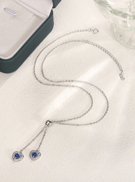Classic Double Heart Blue Zircon Pendant Necklace - Sparkle