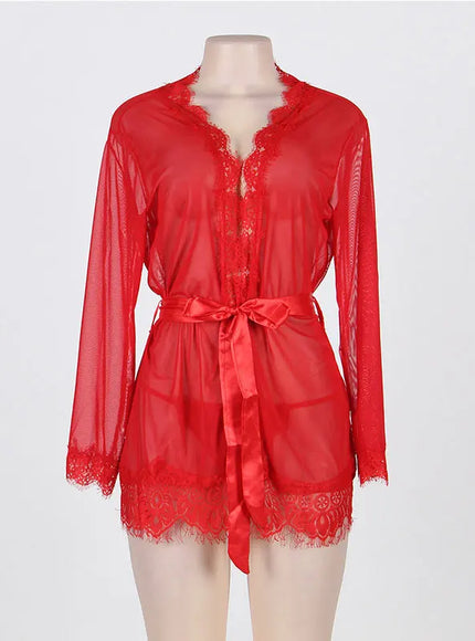 High Quality Women's Sheer Mesh Robe Set Transparent V Neck Sleepwear Nightgown Plus Size Sexy Babydoll Lingerie with Panties