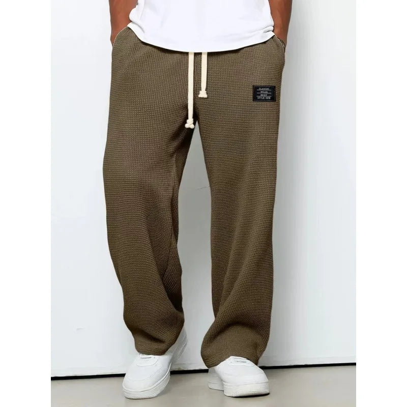 American Style Men's Waffle Textured Wide Leg Sweatpants Drawstring Elastic Waist Casual Loose Fit Streetwear Joggers