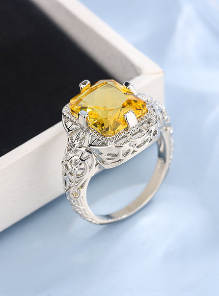 Ladies 925 Silver Plated High-grade Moissanite Citrine Hollow Wedding Engagement Ring High-end Jewelry Luxury Ladies Ring