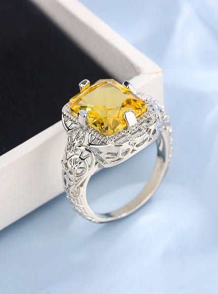 Ladies 925 Silver Plated High-grade Moissanite Citrine Hollow Wedding Engagement Ring High-end Jewelry Luxury Ladies Ring