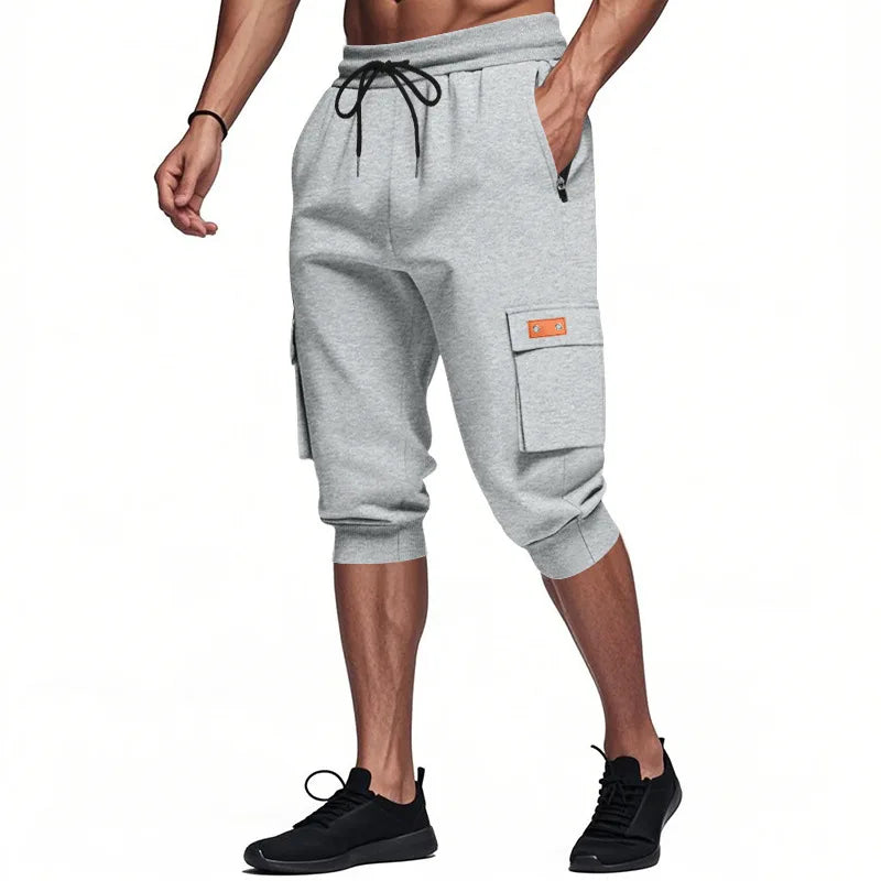 Men Elastic Drawstring Waist Cargo Capri Shorts Multi Pockets Jogger Cropped Sweatpants Casual Sports 3/4 Pants