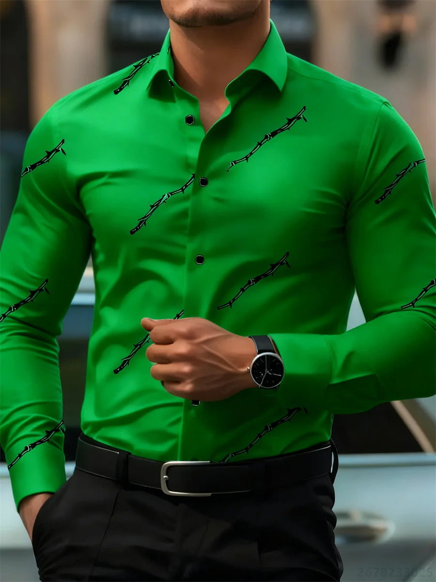 Men's personalized thorn print long-sleeved shirt. Business casual style, fashionable design, versatile and non-iron shirt.