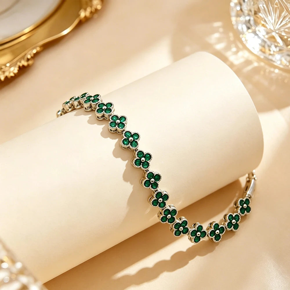 Colorful Zircon Lucky Four-Leaf Flower Bracelet for Women Flower CZ Stone Gold Plated Tennis Bracelet Fragrance Jewelry