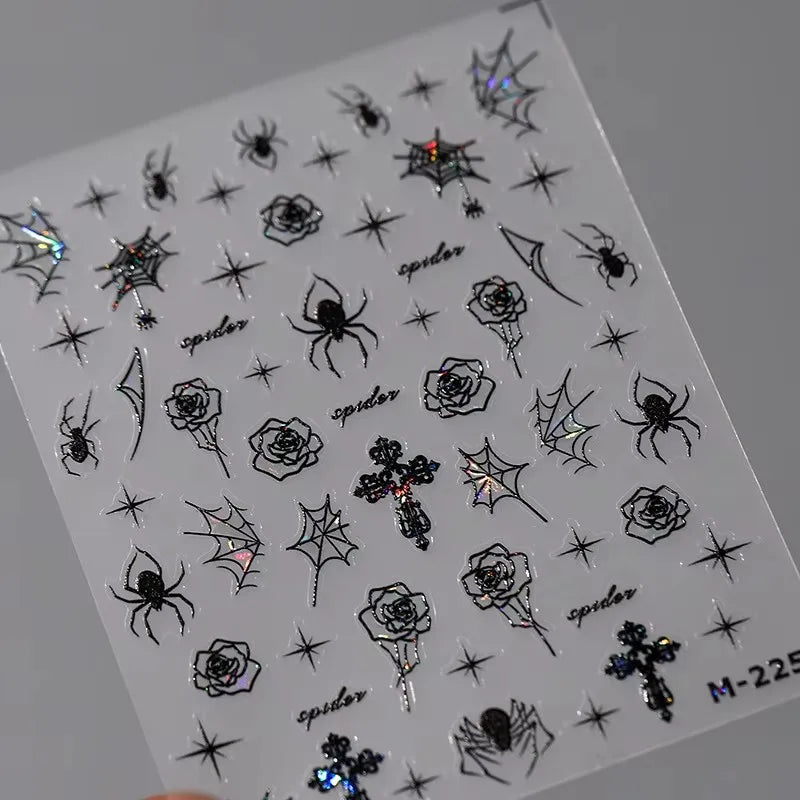 Shiny Silver Spider Web Insect Butterfly Dark Black Rose Flowers Ladybug Cicada Horrible Halloween Y2K Nail Art Stickers Decals
