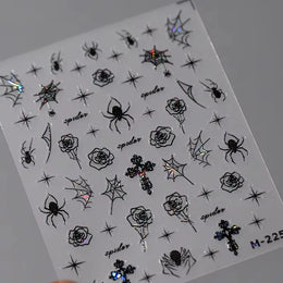 Shiny Silver Spider Web Insect Butterfly Dark Black Rose Flowers Ladybug Cicada Horrible Halloween Y2K Nail Art Stickers Decals