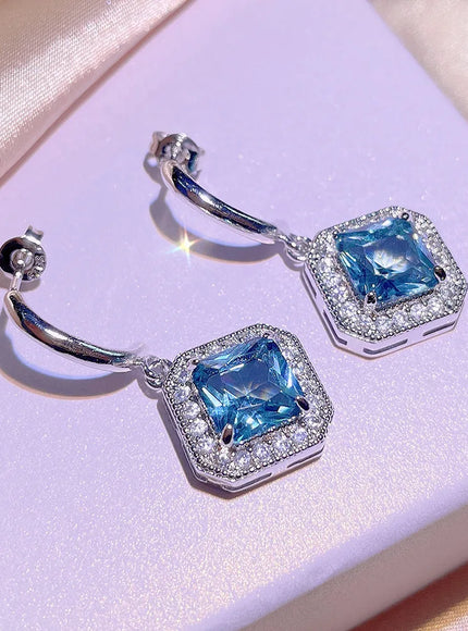 High Quality 925 Silver Plated Earrings for Womes Children Exquisite Square Geometric Jewelry Brilliant Blue Zircon Earring