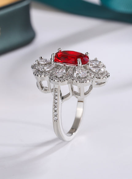 Fashion Drop Pendant Pear-shaped Zirconia Ring 925 Stamp High Quality Jewellery Imitation Natural Pigeon Blood Ruby Oval Ring
