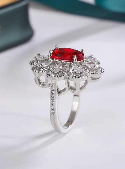 Fashion Drop Pendant Pear-shaped Zirconia Ring 925 Stamp High Quality Jewellery Imitation Natural Pigeon Blood Ruby Oval Ring