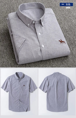 100% Cotton Oxford Shirt Men's Summer short sleeved Sleeve Embroidered Horse Casual Without Pock et Solid Shirt Plus Size S-6XL