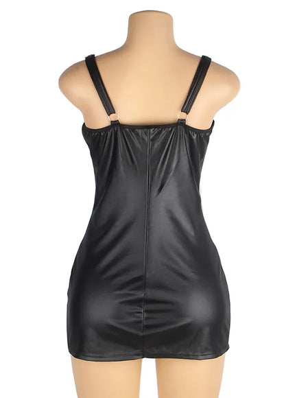 Plus Size Sexy woman zipper open faxu leather PU Dress lingerie set Clubwear night wear Hot from M-5XL