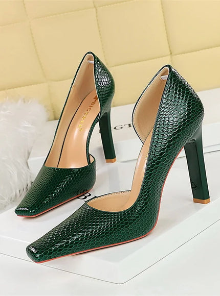 Woman Vintage Snake Print Pumps Square Toe Patent