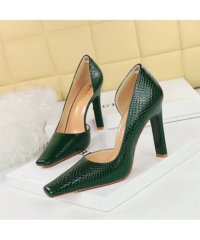 Woman Vintage Snake Print Pumps Square Toe Patent