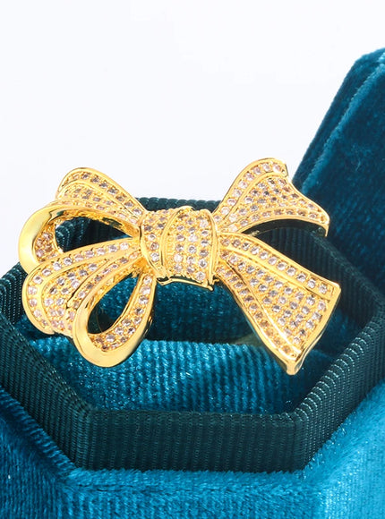 Yellow Gold Diamond Bow Ring 925 Silver Delicate Luxury Gift