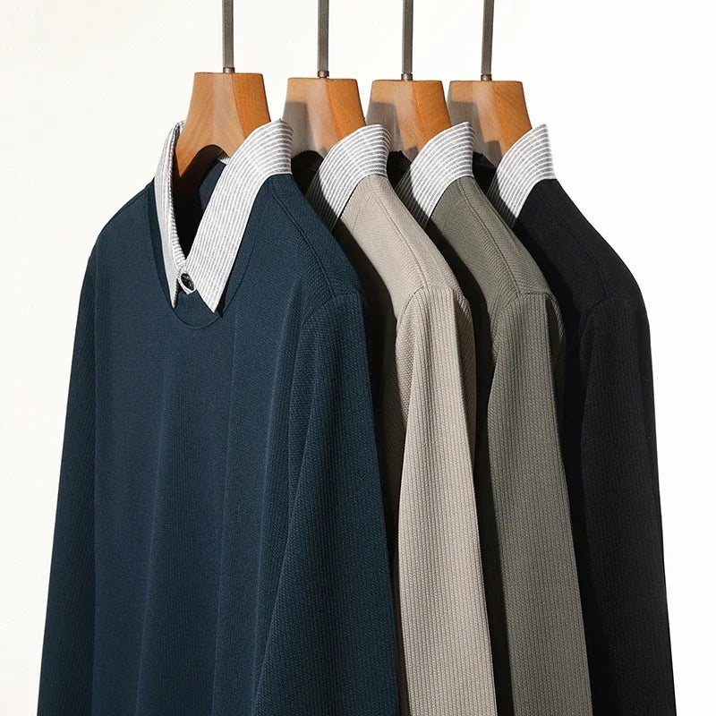2026 New Men's Fake Two Piece Polo Shirt Casual Fashion Long Sleeve Collar T-shirt Versatile Top