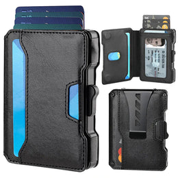 Minimalist Mens Wallet with Money Clip, Aluminum Pop Up Card Case and Leather Slots Credit Card Holder RFID Blocking Wallet