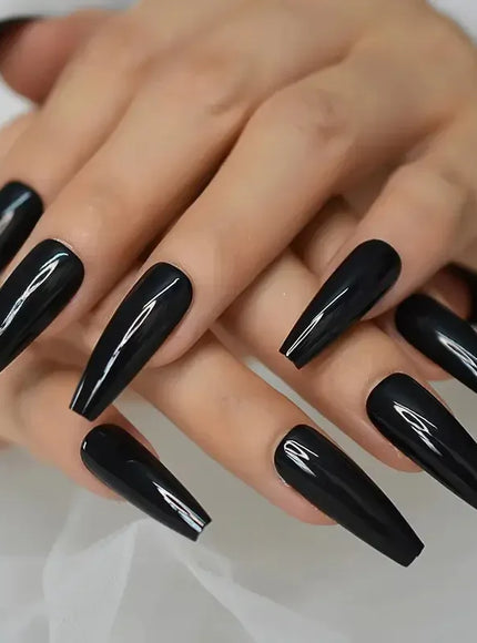 Long Coffin Black Press On Nails Full Cover