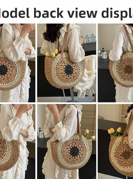 Paper Rope Hollow Colorful Disc Woven Beach Shoulder Bag