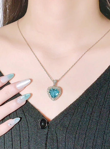 Blue Heart Zircon Pendant Necklace Sparkling 925 Silver Gift