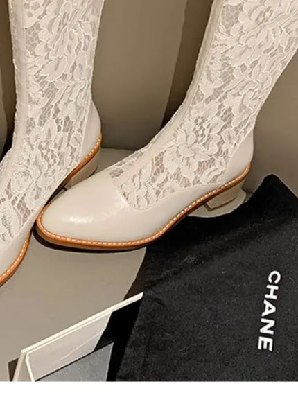 KissICON Woman Fashion Lace Flower Boots Thick Heel Pointed