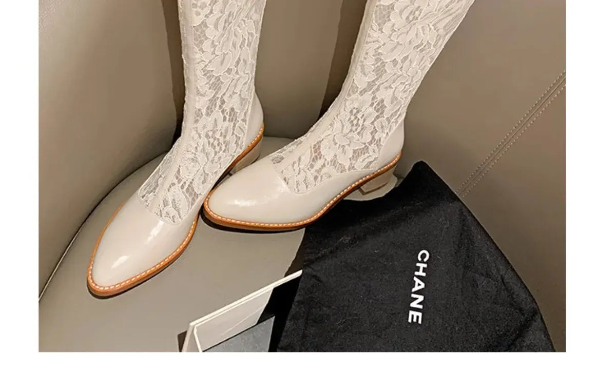 KissICON Woman Fashion Lace Flower Boots Thick Heel Pointed